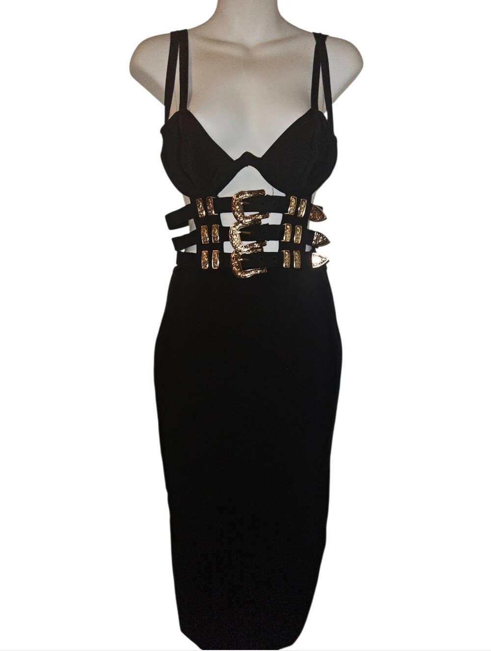 House of London Black Strappy Buckles Dress Gold Accents Bodycon Sz.M - Picture 3 of 5